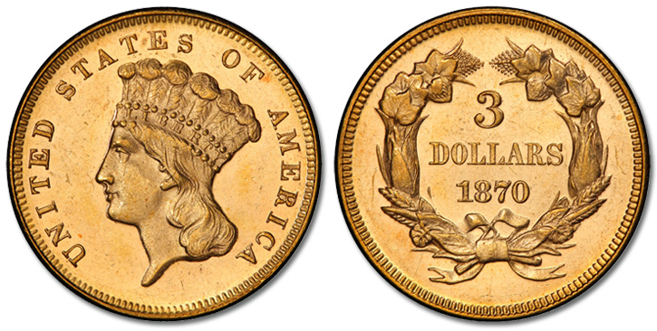 1870 Three-Dollar Gold Piece. MS-64 (PCGS).
